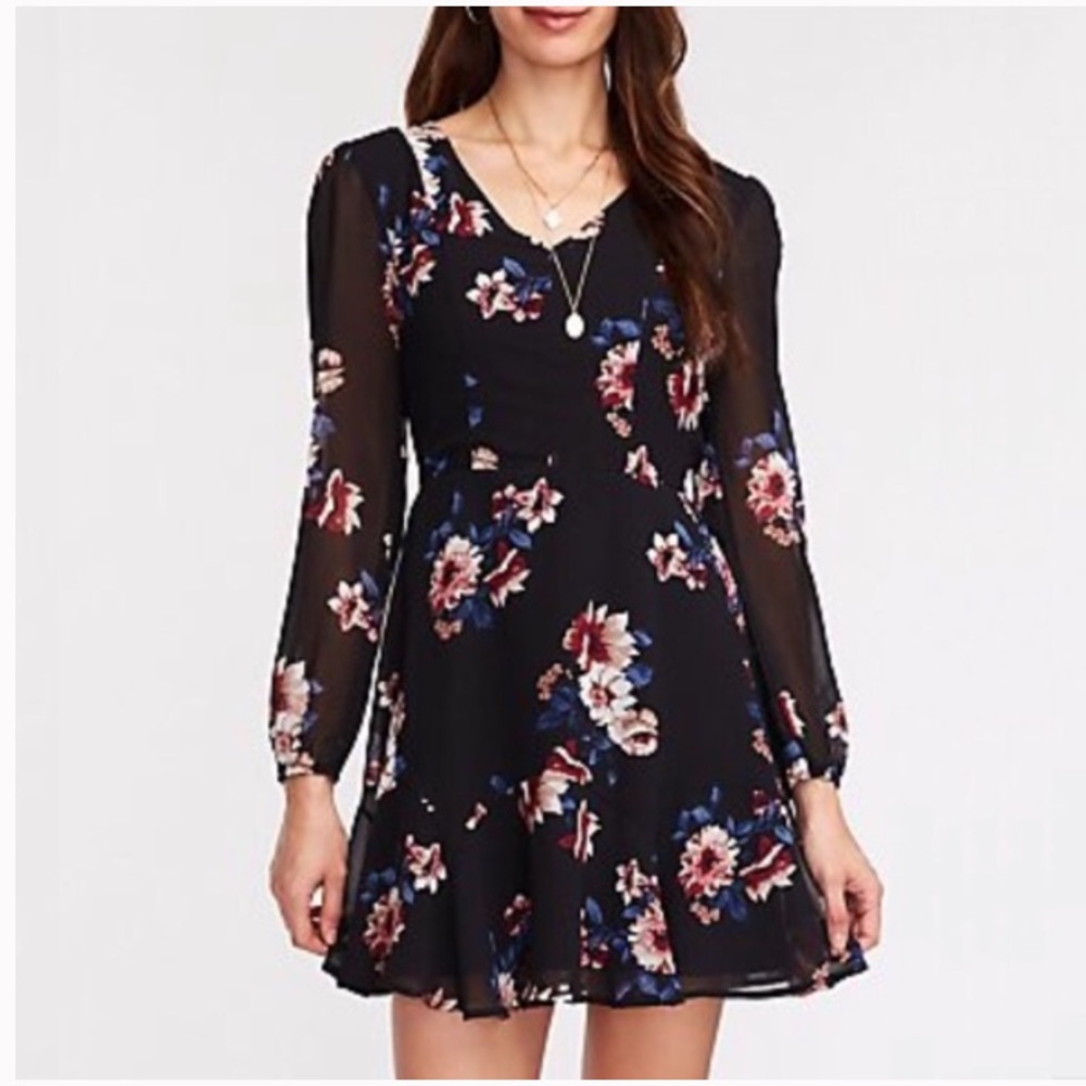 Black floral print long sleeve dress